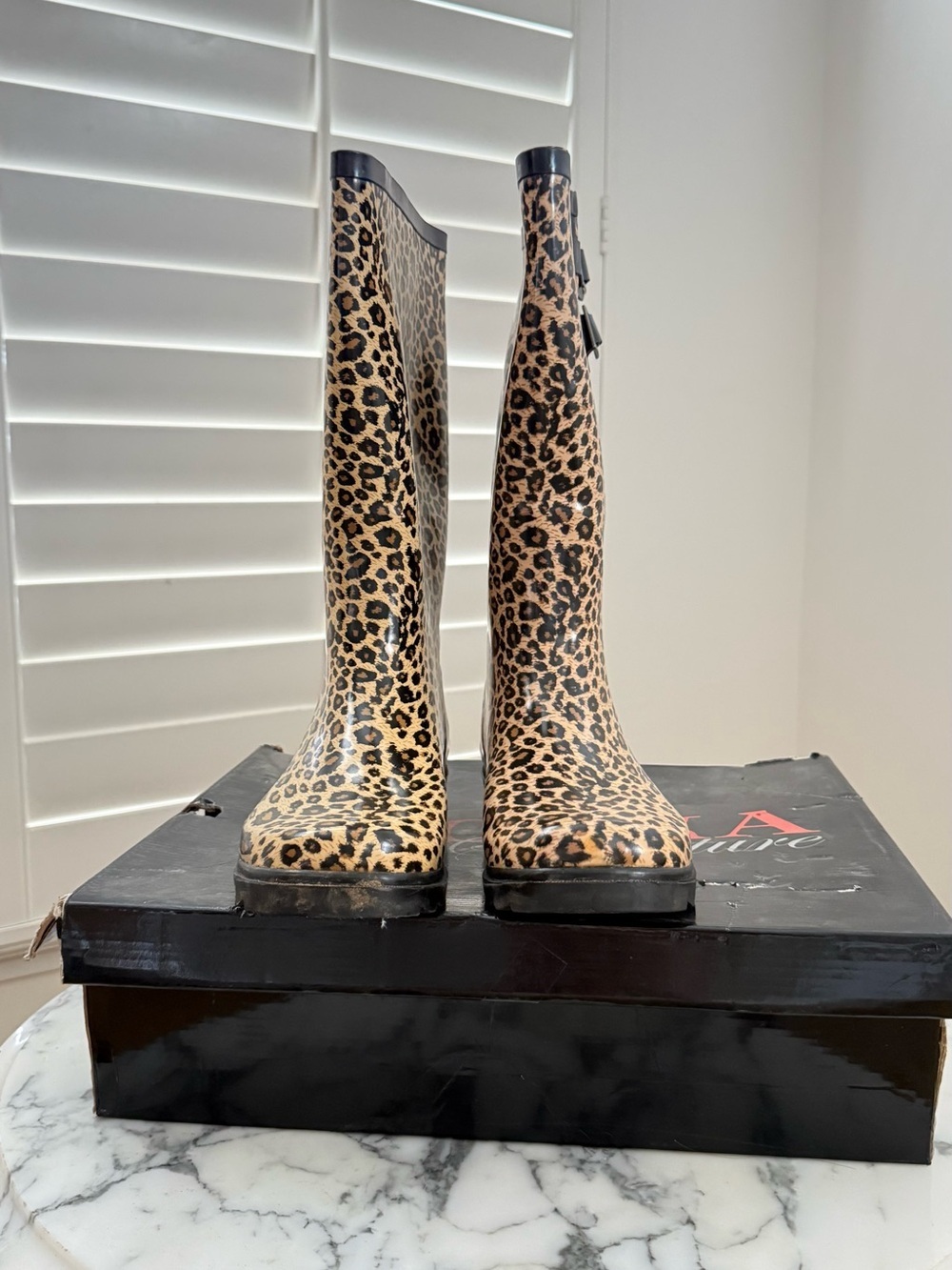 chooka Leopard Print Tall Rain Boots in Black and Tan - Picture 2 of 7